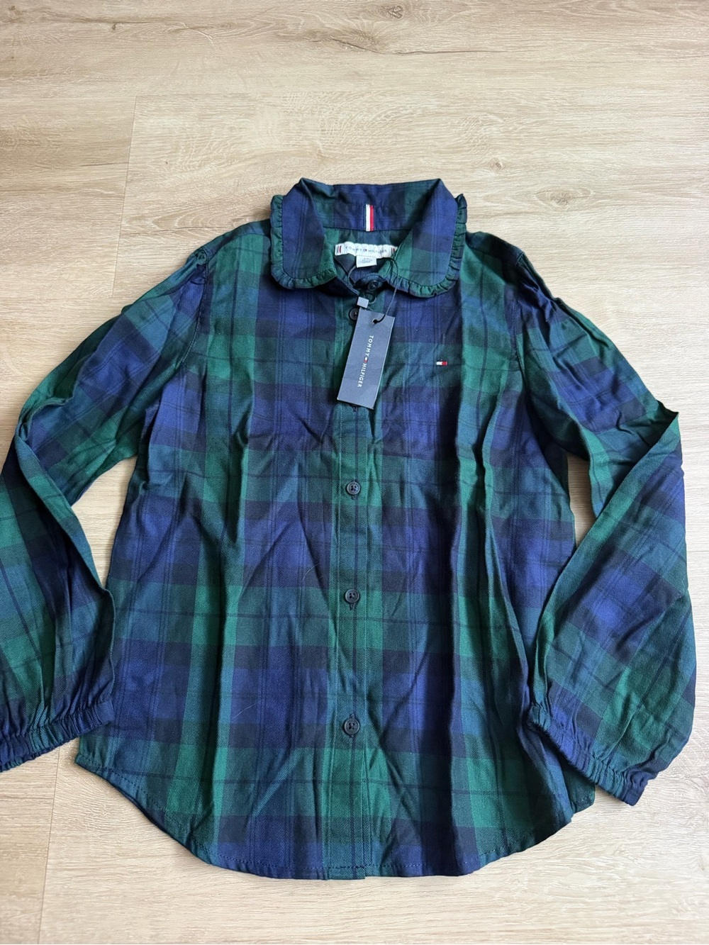 Tommy Hilfiger Blue Green Plaid Ruffle Collar Button Down Shirt Girls SZ S NWT